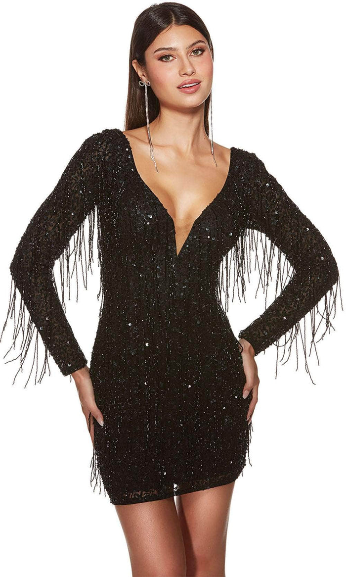 Alyce Paris 4873 - Fringes Plunging V-Neck Cocktail Dress Cocktail Dresses 000 / Black