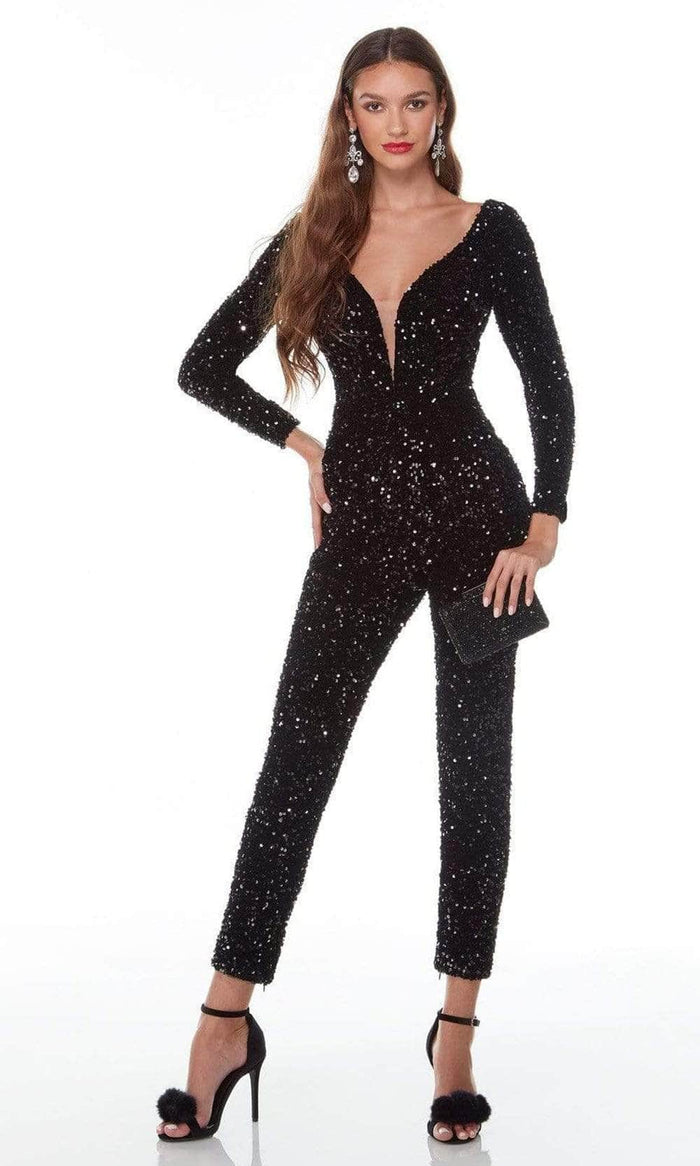 Alyce Paris 61217 - Long Sleeve Bodycon Jumpsuit Evening Dresses 12 / Black