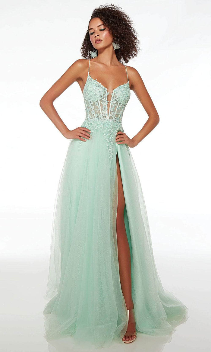 Alyce Paris 61561 - Plunging V-Neck Tulle Prom Gown Special Occasion Dress 000 / Mint