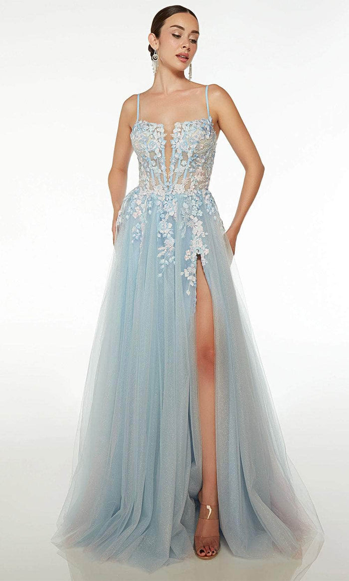 Alyce Paris 61673 - Floral Lace Appliques V-Neck Prom Gown Prom Dresses 000 / Light Blue-Pink