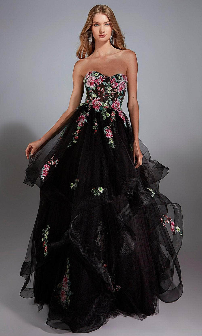 Alyce Paris 61914 - Strapless Embroidered Tulle Ballgown Ball Gowns 000 / Black Multi