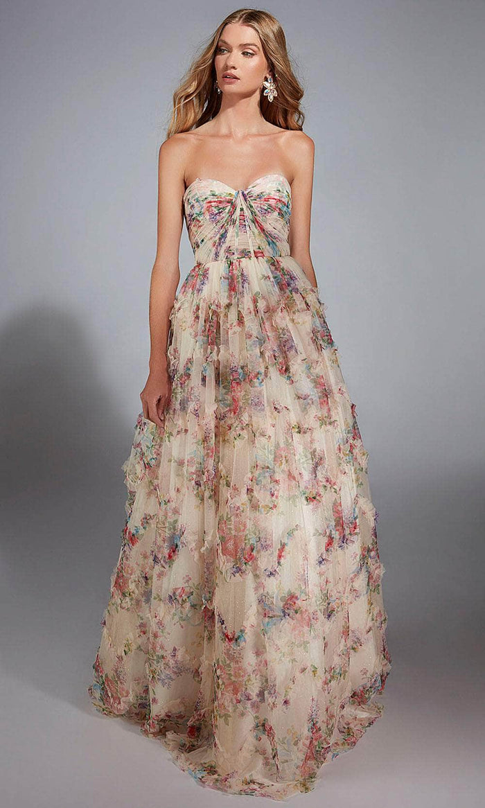 Alyce Paris 61957 - Floral Print Strapless Layered Gown Prom Dresses 000 / Champagne