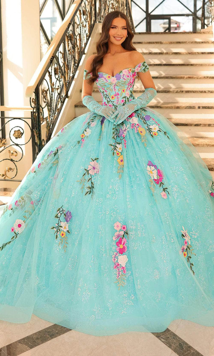 Amarra 54200 - Embroidered Floral Off-Shoulder Ballgown Quinceanera Dresses 00 / Aqua/Multi