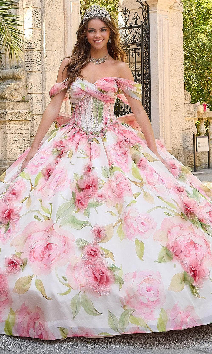 Amarra 54214 - Floral Printed Off-Shoulder Ballgown Quinceanera Dresses 00 / Rose