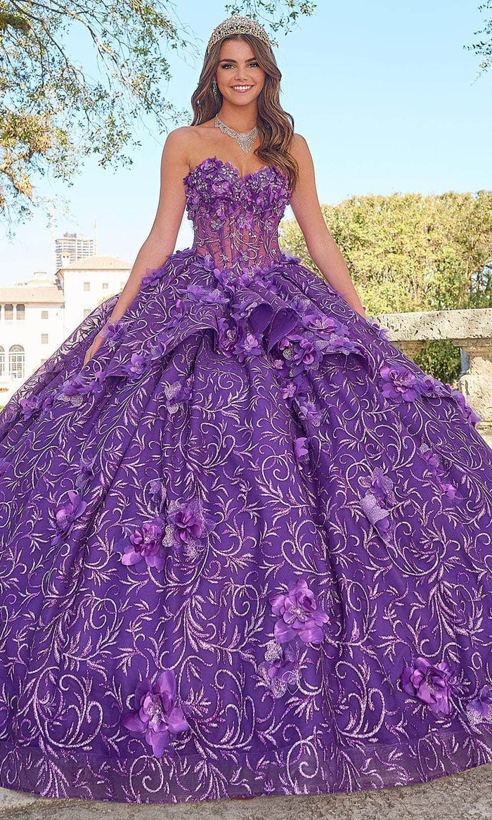 Amarra 54216 - 3D Floral Embellished Corset Bodice Ballgown Quinceanera Dresses 00 / Purple