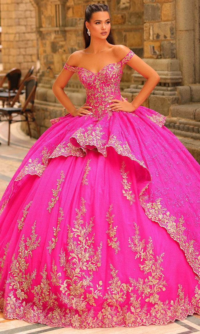 Amarra 54235 - Embroidered Off-Shoulder Overlay Ballgown Quinceanera Dresses 00 / Fuchsia