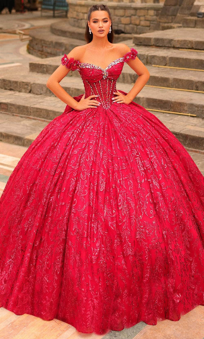 Amarra 54237 - Glitter Embellished Off-Shoulder Ballgown Quinceanera Dresses 00 / Red