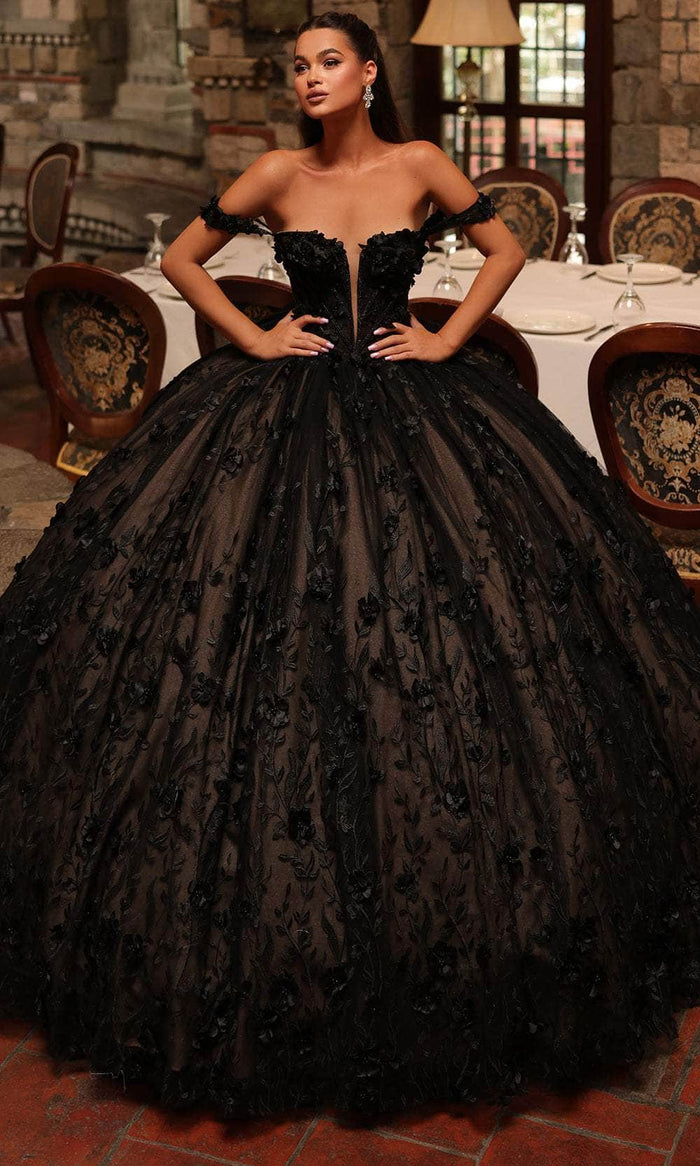 Amarra 54239 - Off-Shoulder 3D Flower Embellished Ballgown Quinceanera Dresses 00 / Black/Nude