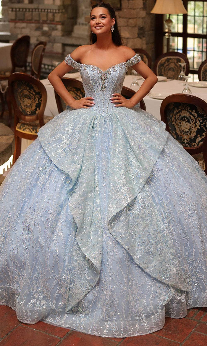 Amarra 54240 - Sweetheart Neck Off-Shoulder Ballgown Quinceanera Dresses 00 / Light Blue