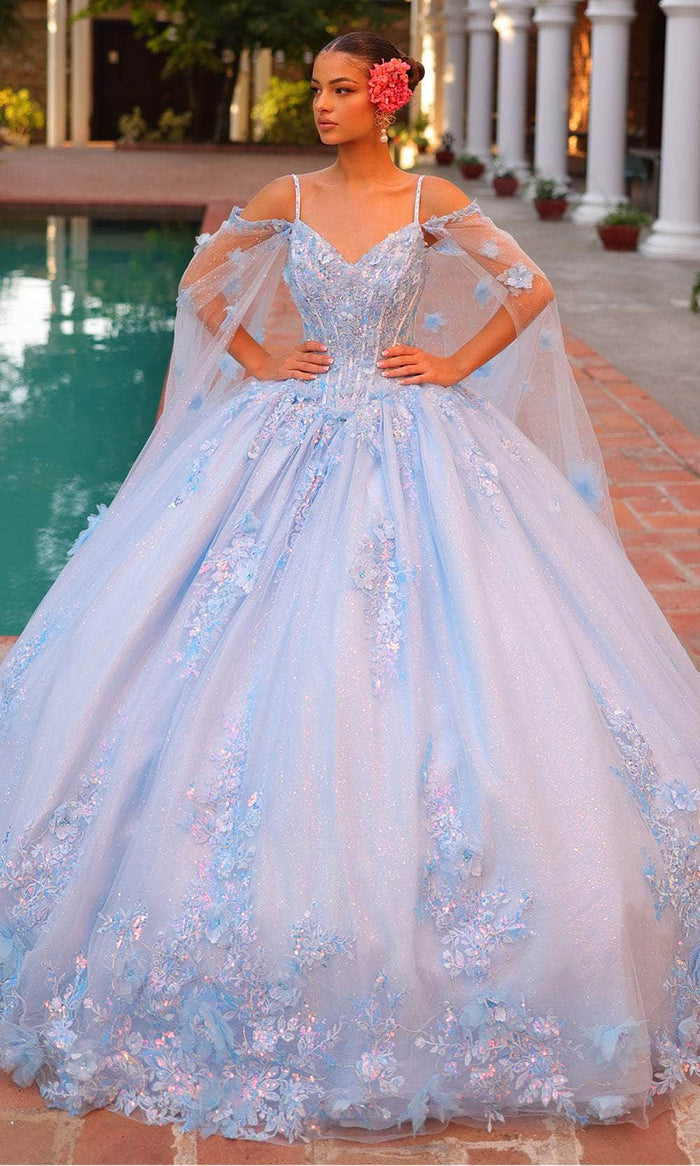 Amarra 54306 - Cold Shoulder Beaded Lace Ballgown Special Occasion Dress 00 / Light Blue