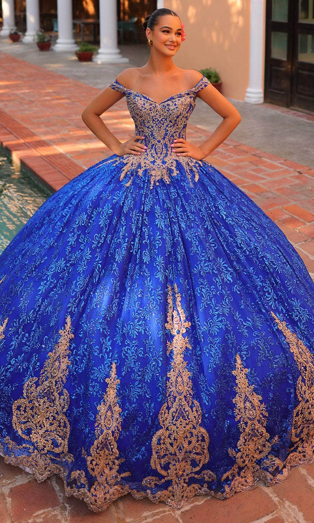 off shoulder ball gown royal blue gown