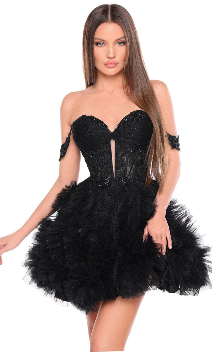 Amarra 88064 - Off Shoulder Ruffled Cocktail Dress Homecoming Dresses 000 / Black