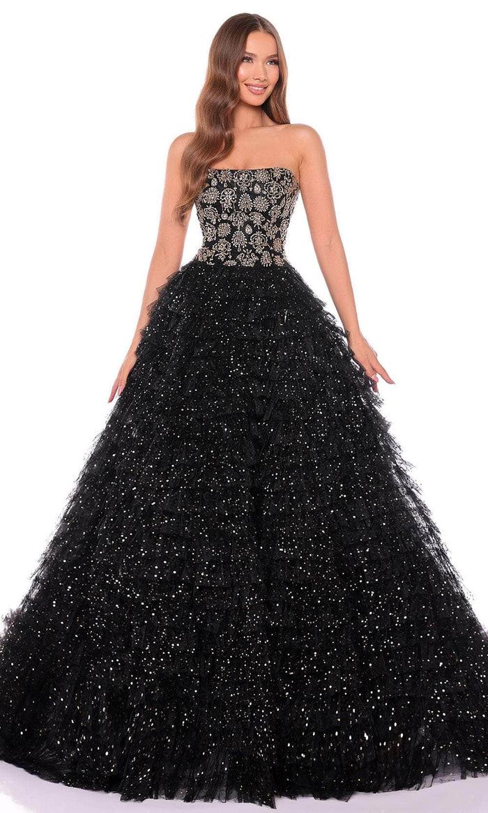 Amarra 88129 - Floral Strapless Ballgown Quinceanera Dresses 000 / Black/Gold