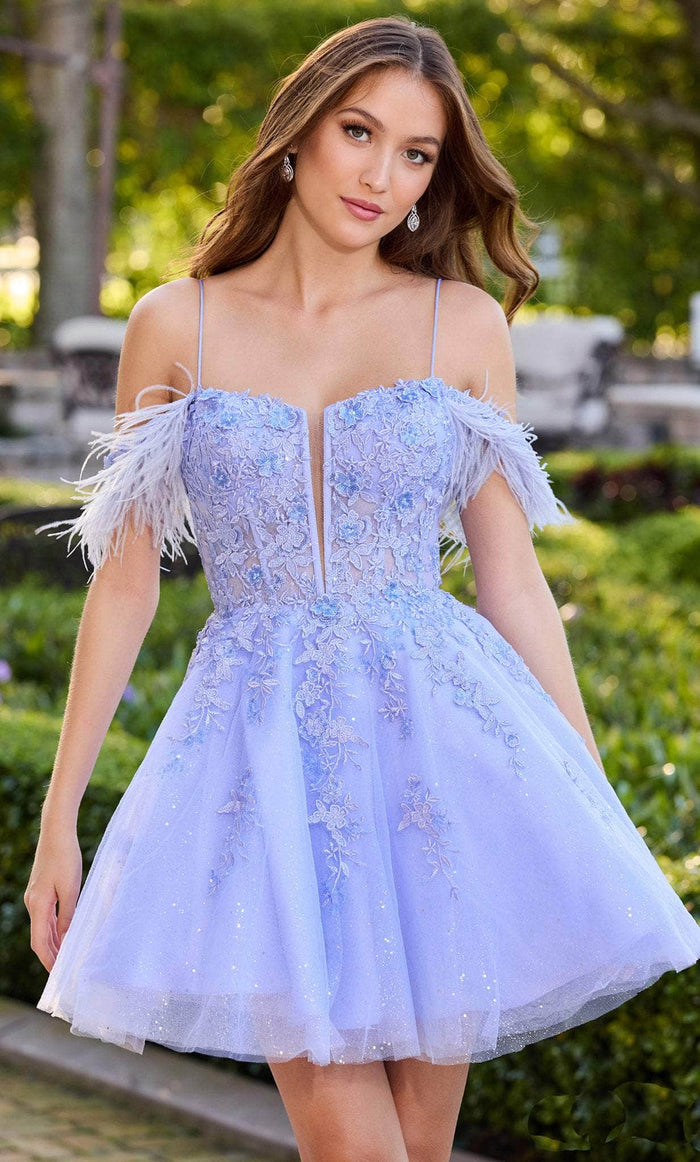 Amarra 88663 - Feather Detailed Off-Shoulder Corset Cocktail Dress Cocktail Dresses 00 / Periwinkle