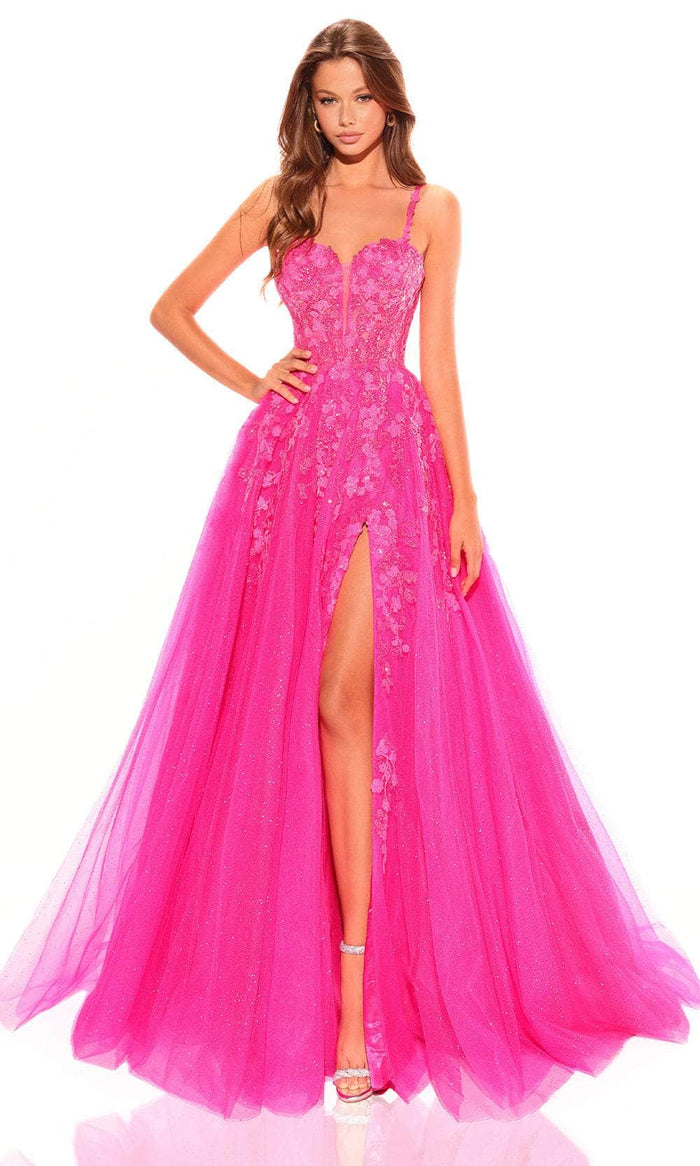 Amarra 88754 - Gleaming Floral Embellished Plunging Ballgown Special Occasion Dress 000 / Fuchsia