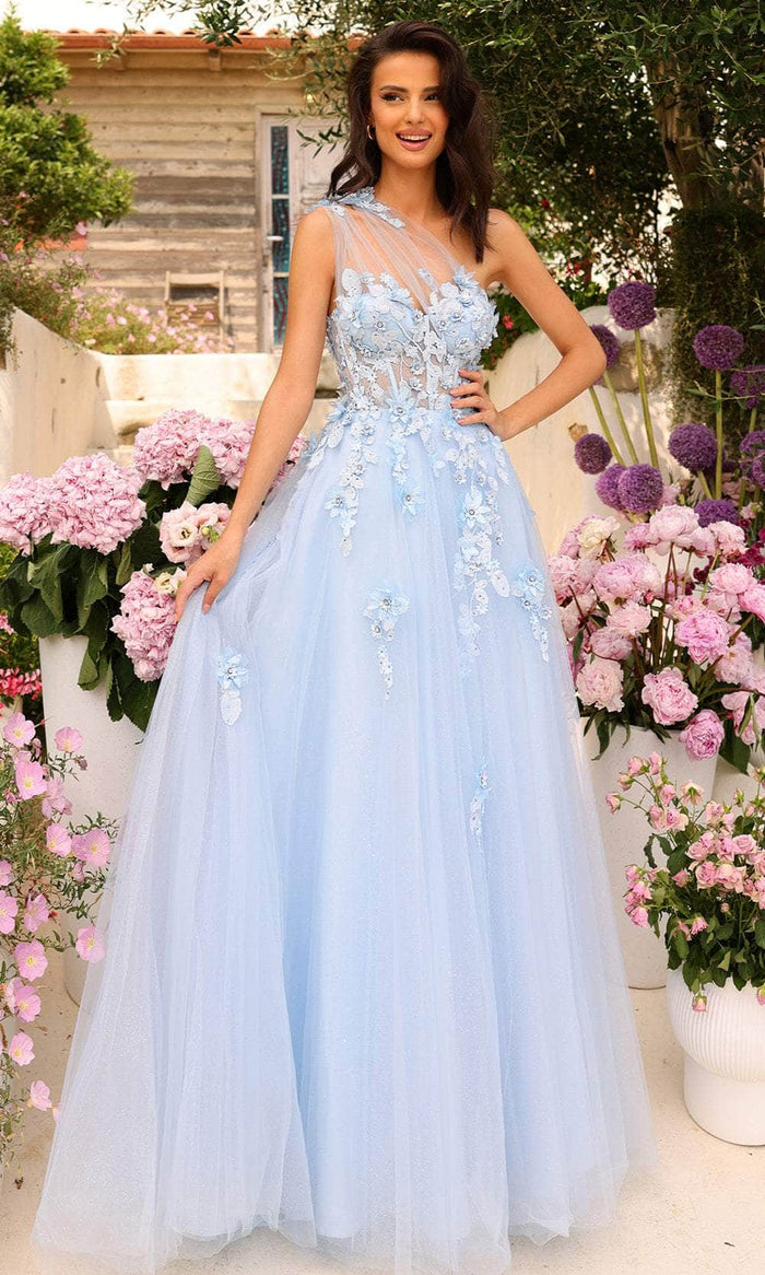 Amarra 88841 - 3D Floral Embellished One-Sleeve Prom Dress Special Occasion Dress 000 / Light Blue