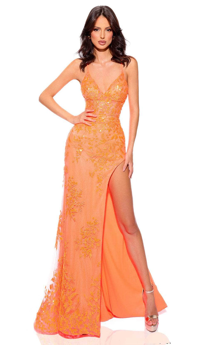 Amarra 88865 - Embroidered V-Neck Prom Dress Special Occasion Dress 000 / Neon Orange