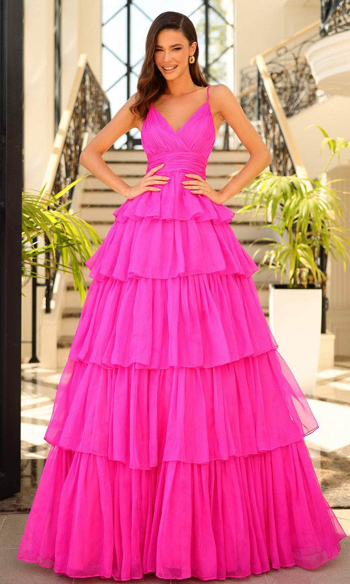 Amarra 88878 - Ruched Detail Sleeveless Ballgown Special Occasion Dress 000 / Neon Pink