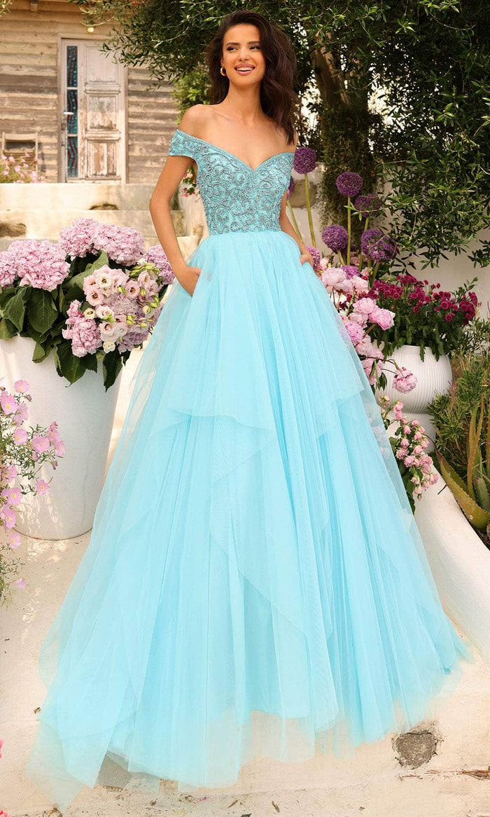 Amarra 94038 - Off-Shoulder A-Line Evening Gown Special Occasion Dress 000 / Light Blue