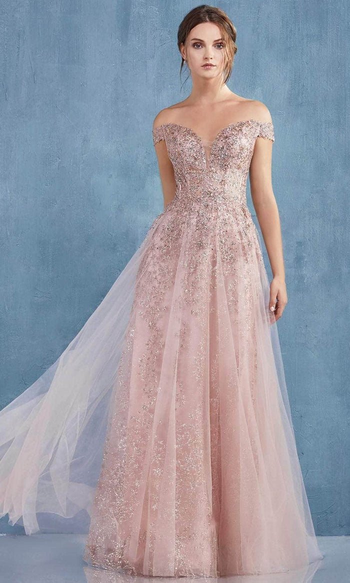 Andrea and Leo A0870 - Stellar Glitter Off-Shoulder Prom Gown Bridesmaid Dresses 4 / Rose Gold