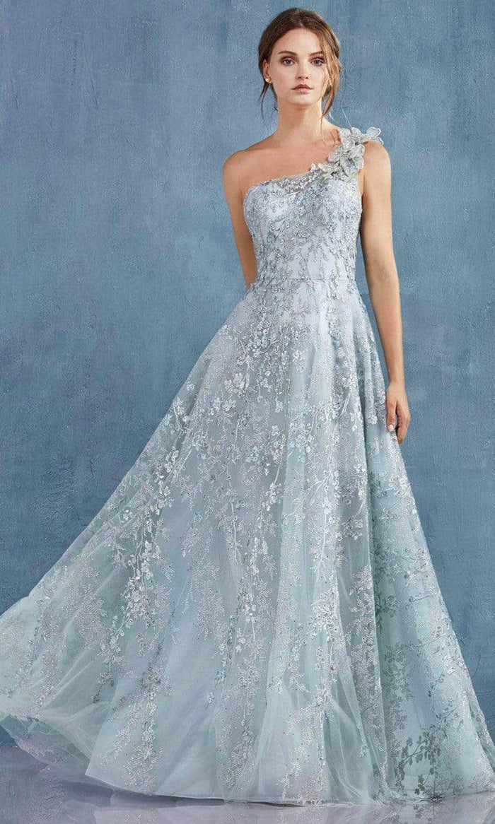 Andrea and Leo - A0989 Floral Embroidered One-Sleeve Prom Dress Mother of the Bride Dresses 10 / Sea Mist