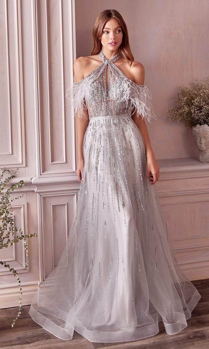 Andrea and Leo - A1023 Cold Shoulder A-Line Prom Dress Mother of the Bride Dresses 14 / Silver