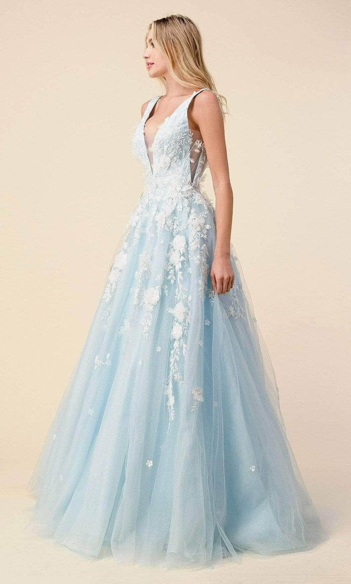 Andrea and Leo A1028 - Sleeveless Floral Applique Ballgown Ball Gowns 14 / Blue