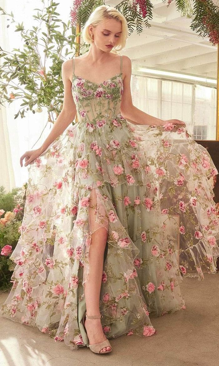 Andrea and Leo A1420 - Floral Print Ruffled A-Line Prom Gown Prom Dresses 0 / Sage