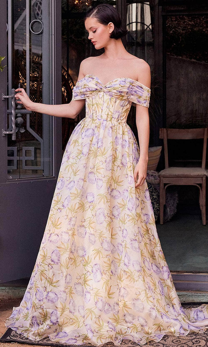 Andrea and Leo A1466 - Floral Print Off Shoulder Prom Gown Special Occasion Dress