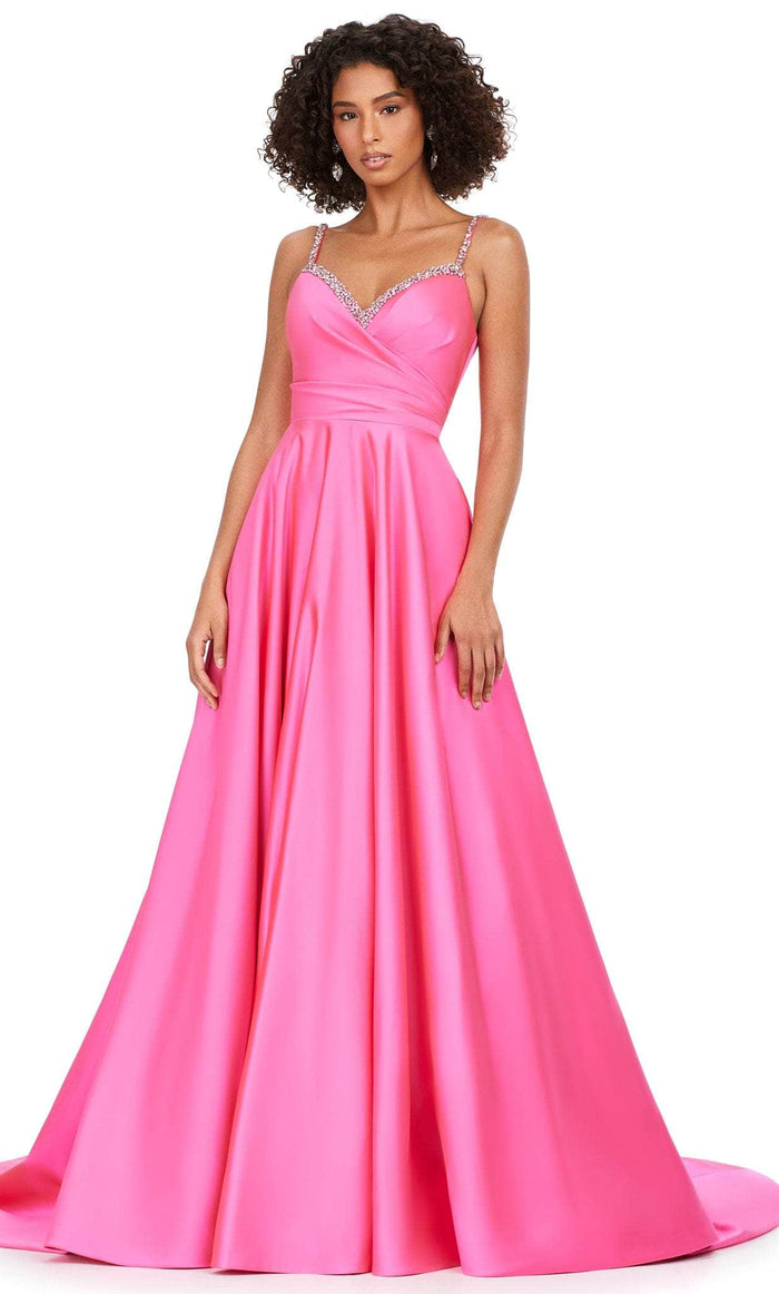 Ashley Lauren 11267 - Jewel Trimmed Satin Ballgown Ball Gowns 0 / Hot Pink