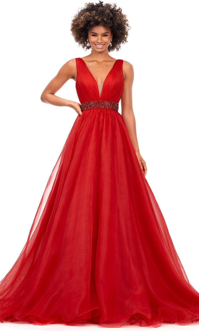 Ashley Lauren 11305 - Embellished Waist Ballgown Prom Dresses 20 / Red