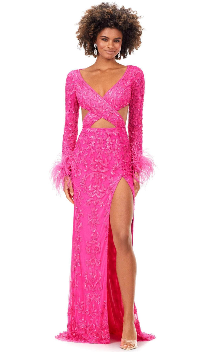 Ashley Lauren 11364 - Deep V-Neck Cutout Evening Gown Evening Dresses 8 / Hot Pink