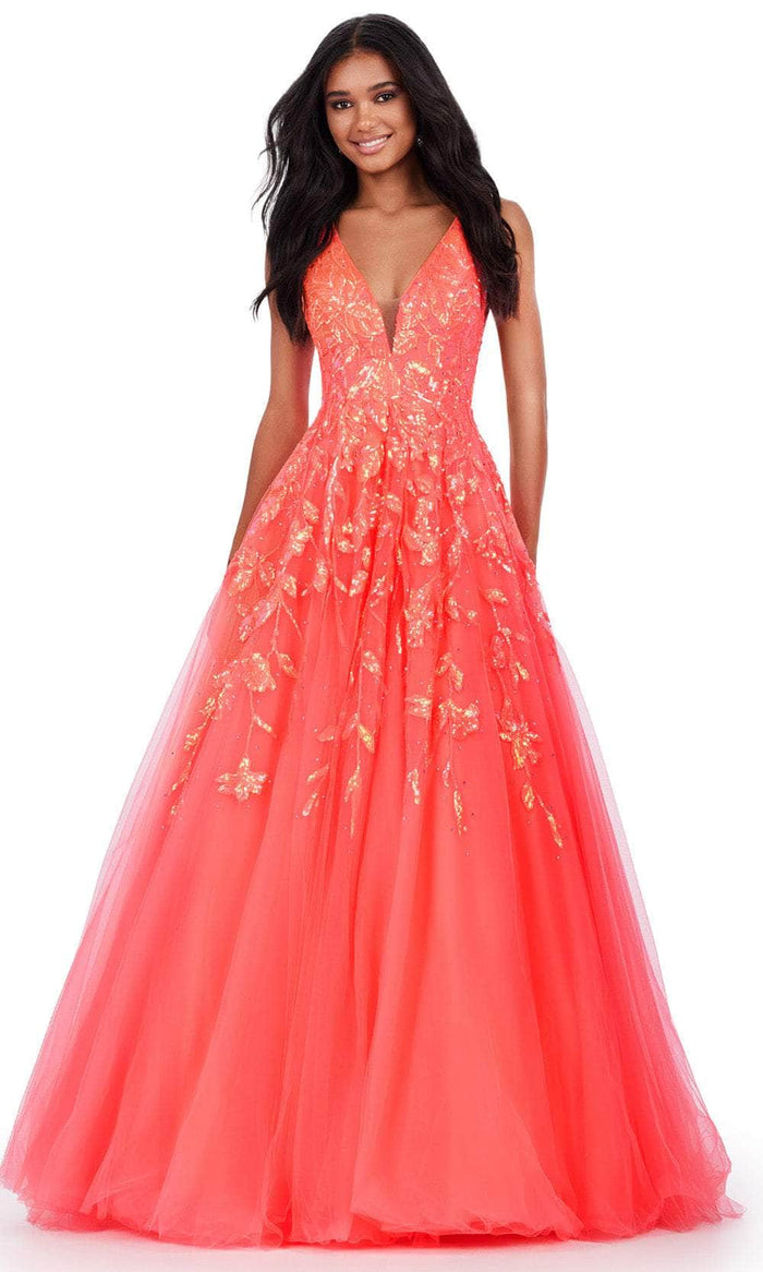 Ashley Lauren 11470 - Sequin V-Neck Prom Dress Prom Dresses 00 / Neon Coral