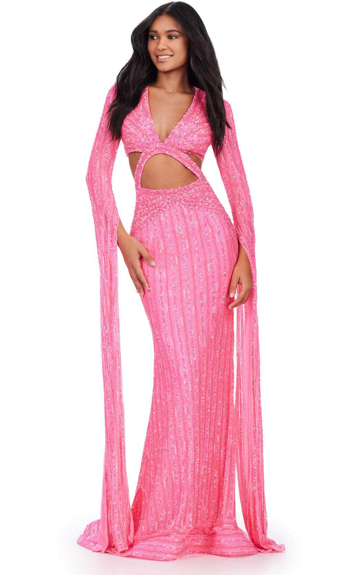 Ashley Lauren 11485 - Long Cape Sleeve Cutout Prom Gown Prom Dresses 00 / Hot Pink