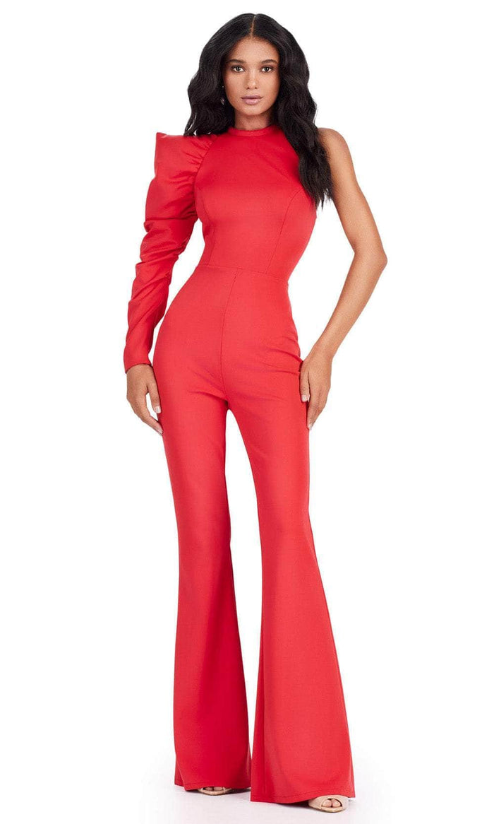 Ashley Lauren 11531 - One Sleeved Scuba Jumpsuit Formal Pantsuits 14 / Red