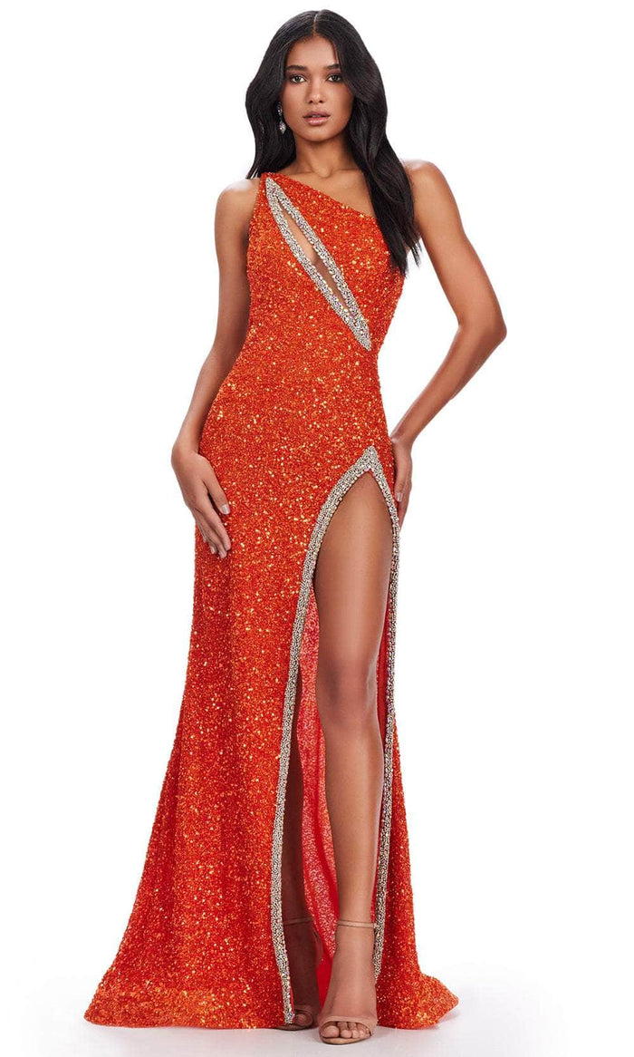 Ashley Lauren 11635 - Asymmetric Cutout Sequin Prom Gown Prom Dresses 0 / Orange