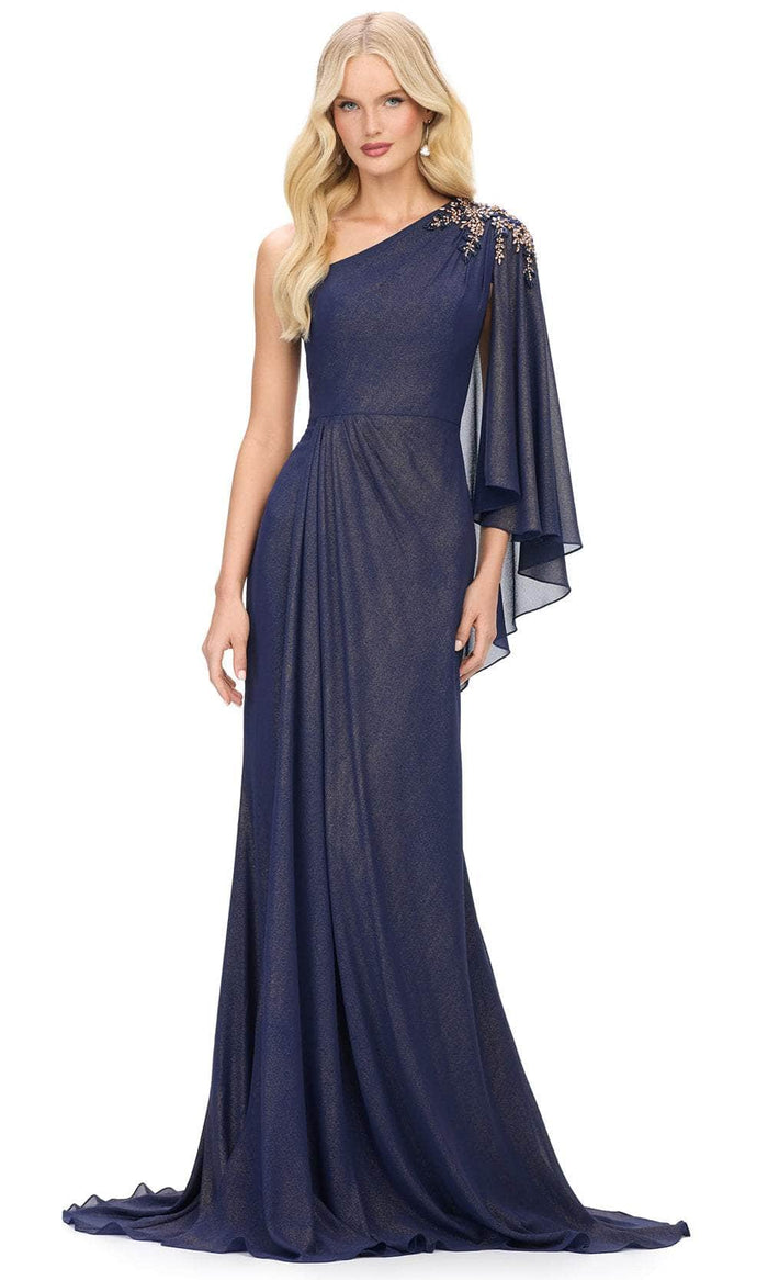 Ashley Lauren 11701 - One-Shoulder Ruffle Sleeve Prom Gown Prom Dresses 0 / Navy