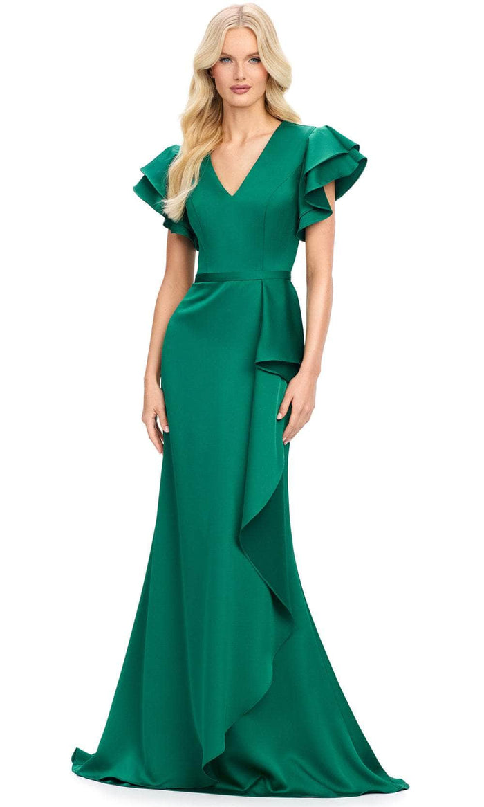 Ashley Lauren 11737 - Flutter Sleeve Ruffle Evening Gown Mother of the Bride Dresses 0 / Emerald