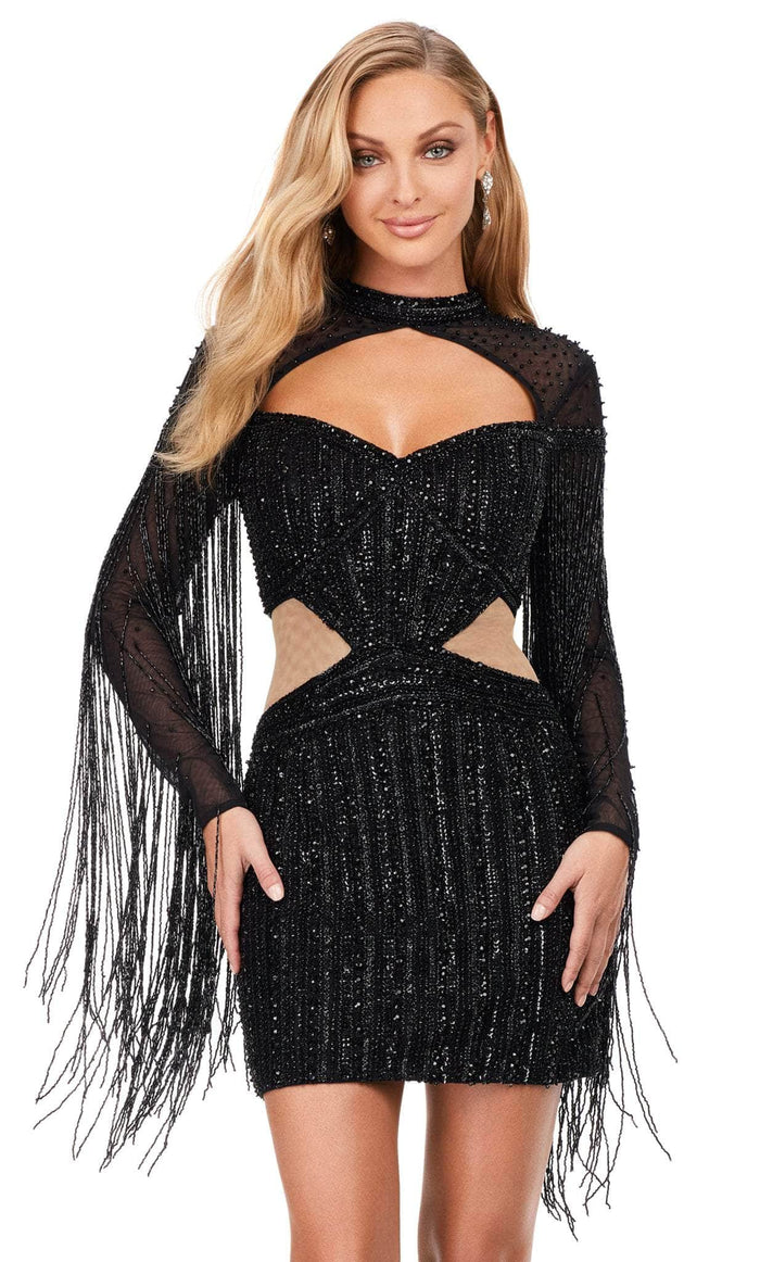 Ashley Lauren 4601 - Long Sleeve Sequin Embellished Cocktail Dress Cocktail Dresses 0 / Black