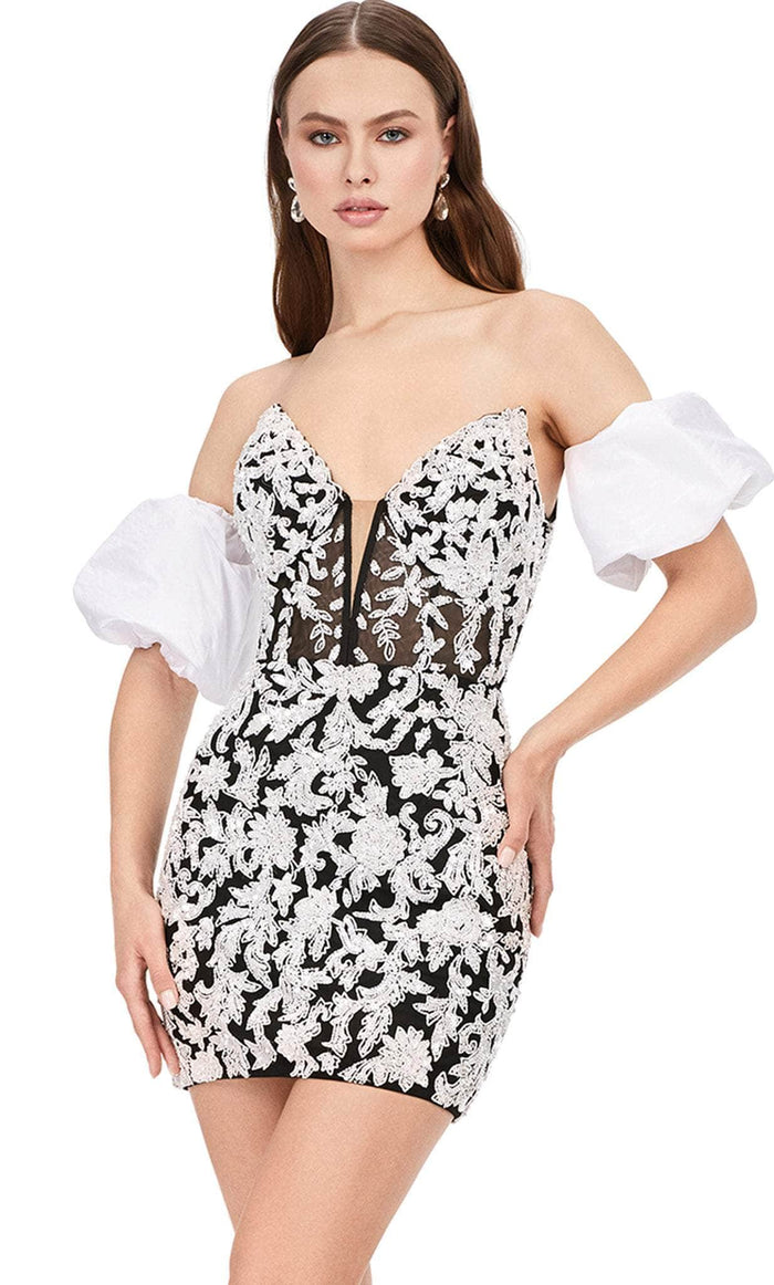 Ashley Lauren 4614 - Strapless Beaded Cocktail Dress Homecoming Dresses 0 / Ivory/Black