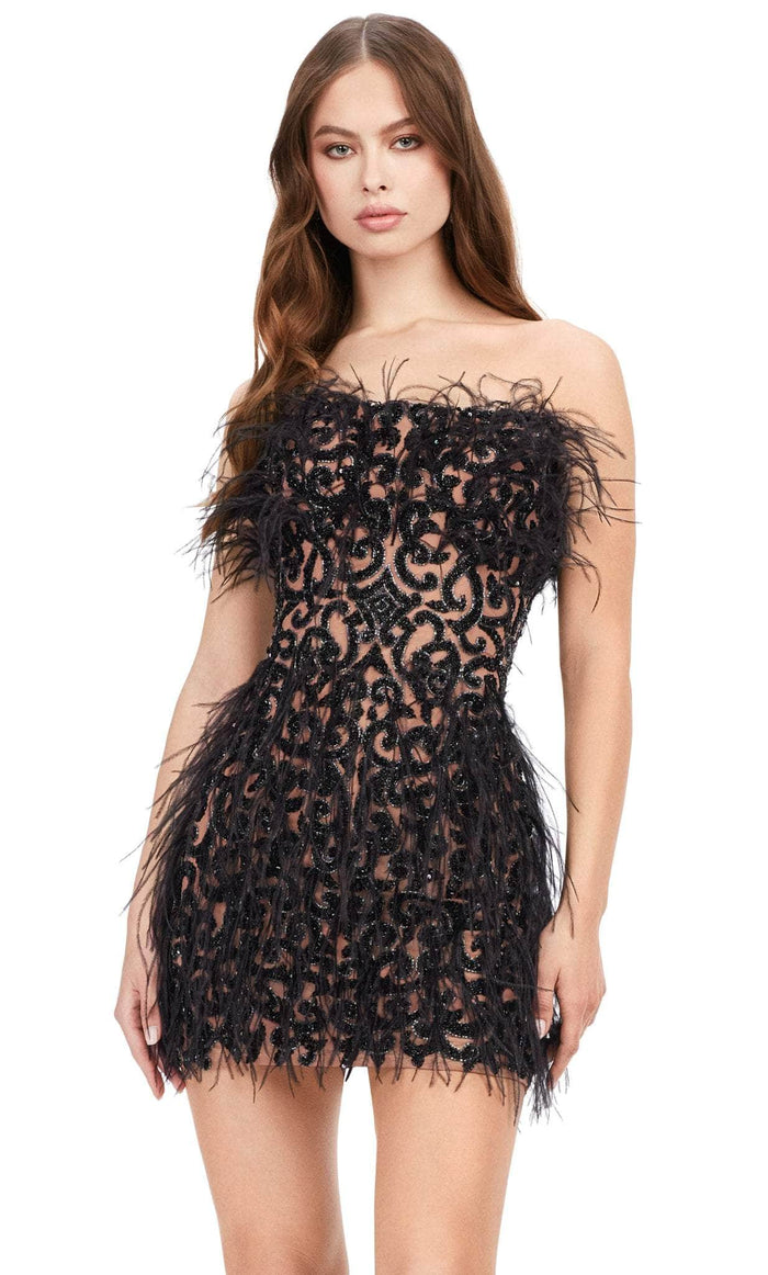 Ashley Lauren 4615 - Beaded Strapless Feather Cocktail Dress Cocktail Dresses 0 / Black