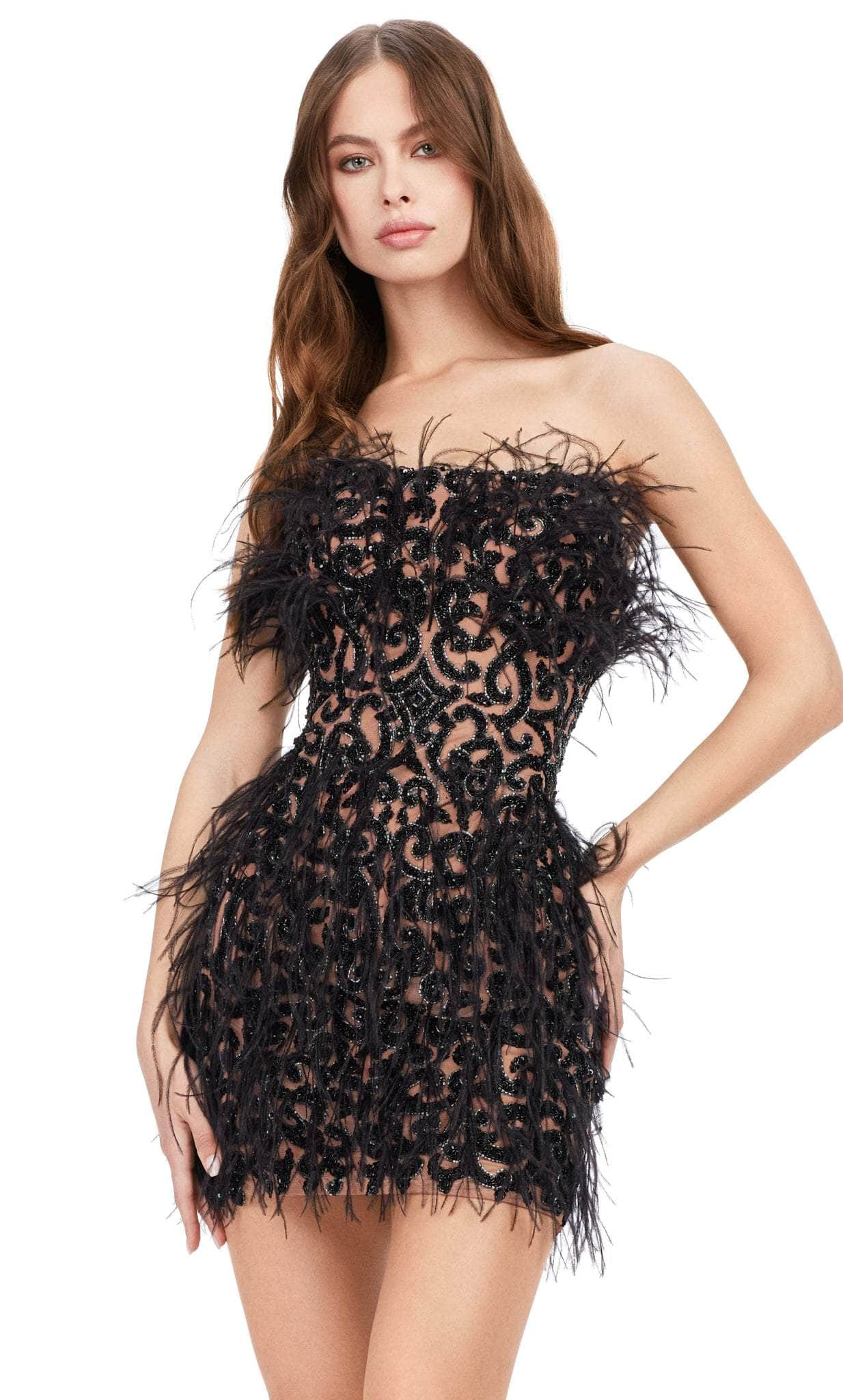 Black feather cocktail outlet dress