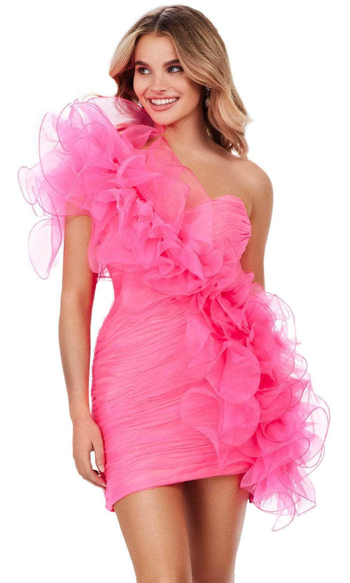 Ashley Lauren 4672 - Asymmetrical Organza Ruffle Cocktail Dress Cocktail Dresses 8 / Hot Pink