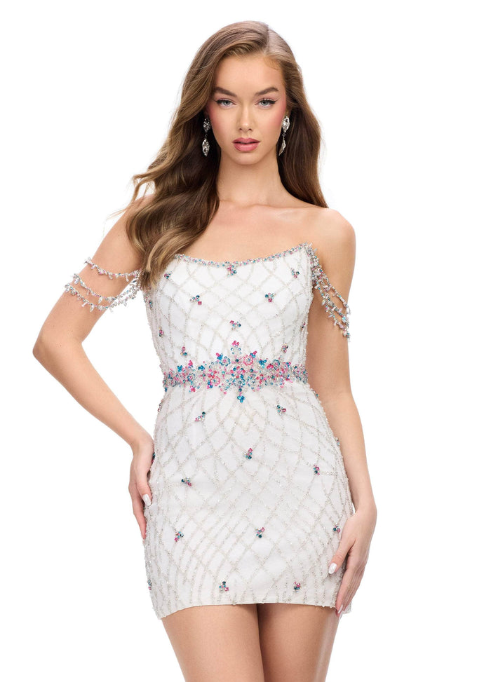 Ashley Lauren 4702 - Scoop Neck Rhinestone Embellished Cocktail Dress Homecoming Dresses 00 / Ivory