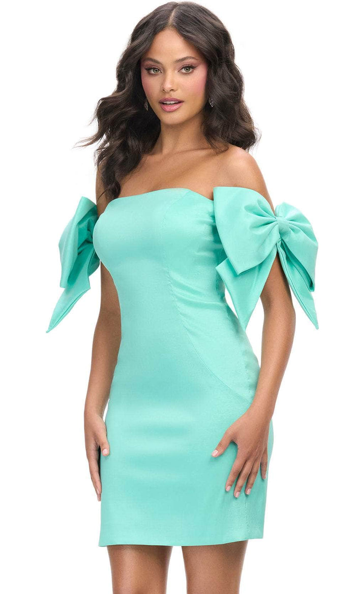 Ashley Lauren 4725 - Fitted Bow Detailed Shoulder Cocktail Dress Homecoming Dresses 00 / Aqua