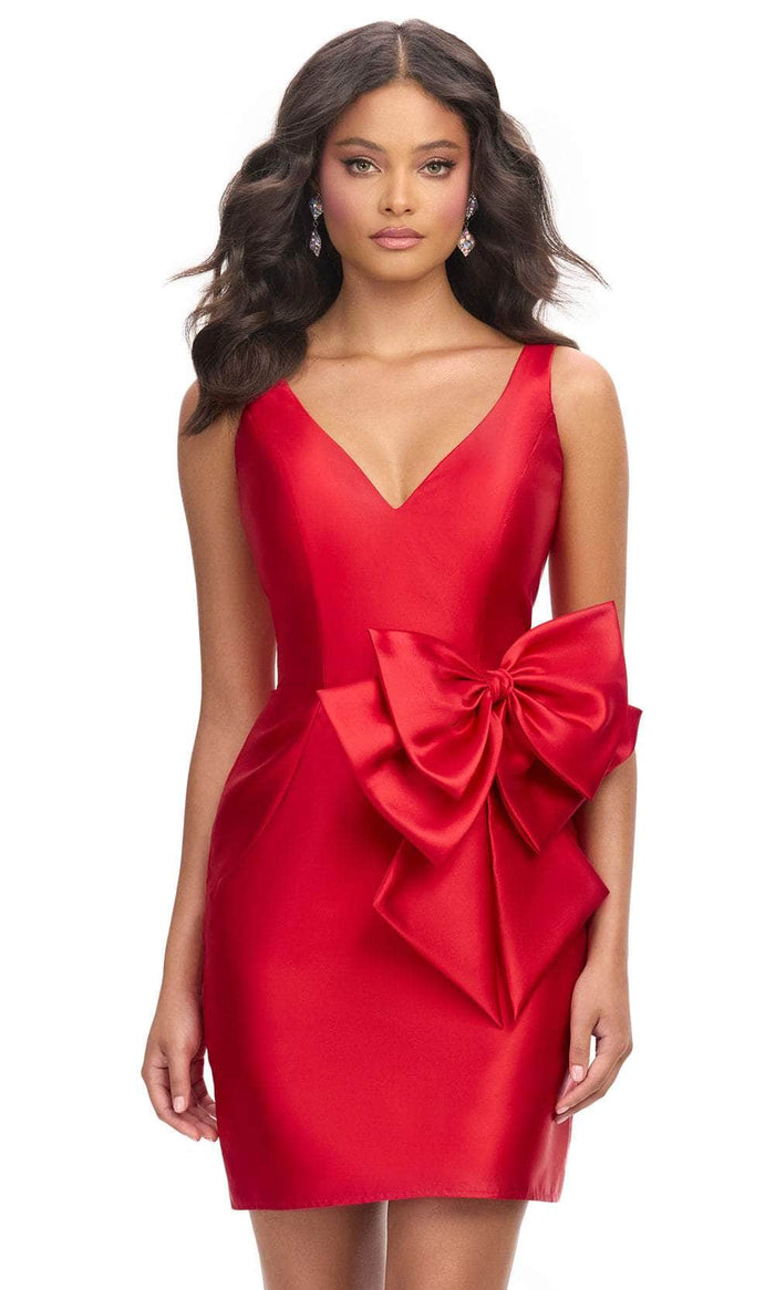 Ashley Lauren 4785 - Wide Strap Bow Accent Cocktail Dress Homecoming Dresses 00 / Red