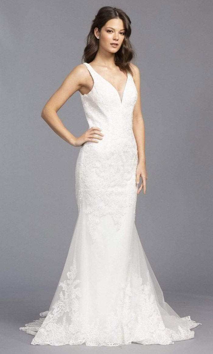 Trevi Collection Bridal - L2143 V Neck Embroidered Tulle Bridal Gown Wedding Dresses XXS / Off White