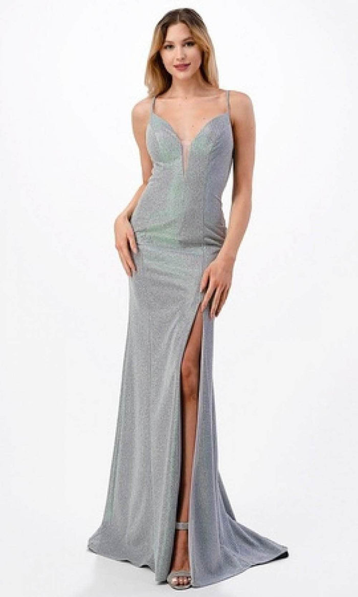 Trevi Collection D571 - Sleeveless Plunging Neck Prom Dress Evening Dresses XS / Silver