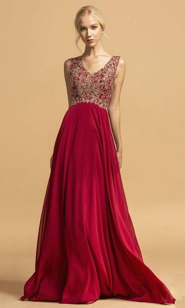 Trevi Collection - L1978 Beaded Lace Applique A-Line Dress Prom Dresses XXS / Burgundy