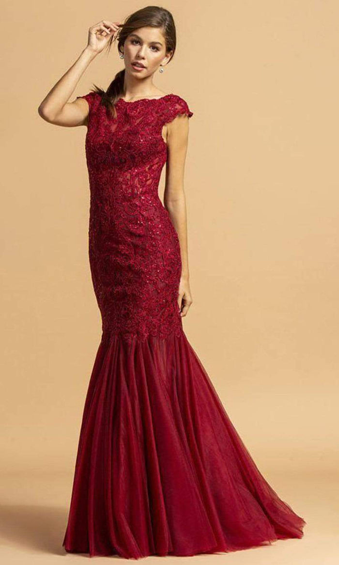 Trevi Collection - L2093 Cap Sleeve Applique Trumpet Dress Evening Dresses XXS / Burgundy